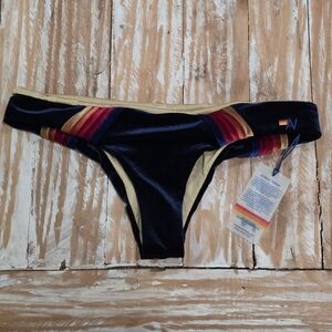 NWT Aviator Nation 5 Stripe Velvet Scrunch Butt Cheeky‎ Navy Bikini Bottoms L
